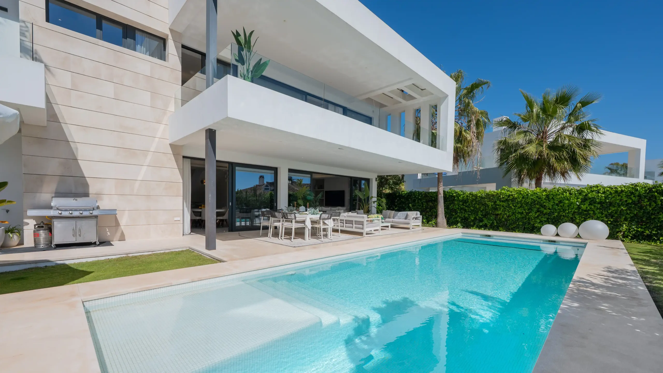 Villa Fleur Luxury Villa Aerial View with Pool and Rooftop Terrace Marbella Aerial view of Villa Fleur luxury modern villa with private pool, rooftop terrace and Mediterranean surroundings in Costa del Sol Marbella Estepona