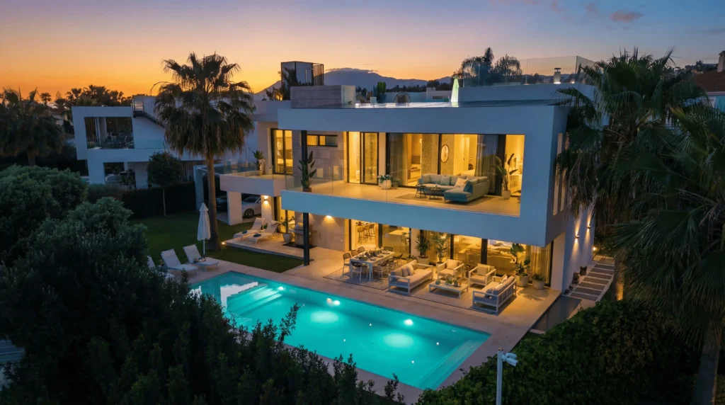 Aerial view of Villa Fleur luxury modern villa with private pool, rooftop terrace and Mediterranean surroundings in Costa del Sol Marbella Estepona