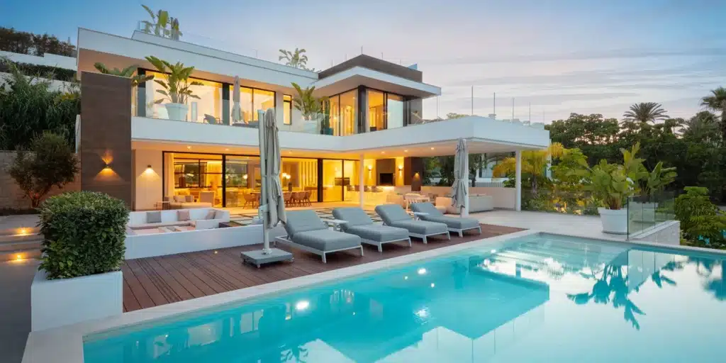 Luxury villa rental in Marbella Golf Valley with heated infinity pool, rooftop jacuzzi, panoramic La Concha mountain views, modern architecture and exclusive holiday accommodation near Puerto Banús Costa del Sol Spain
