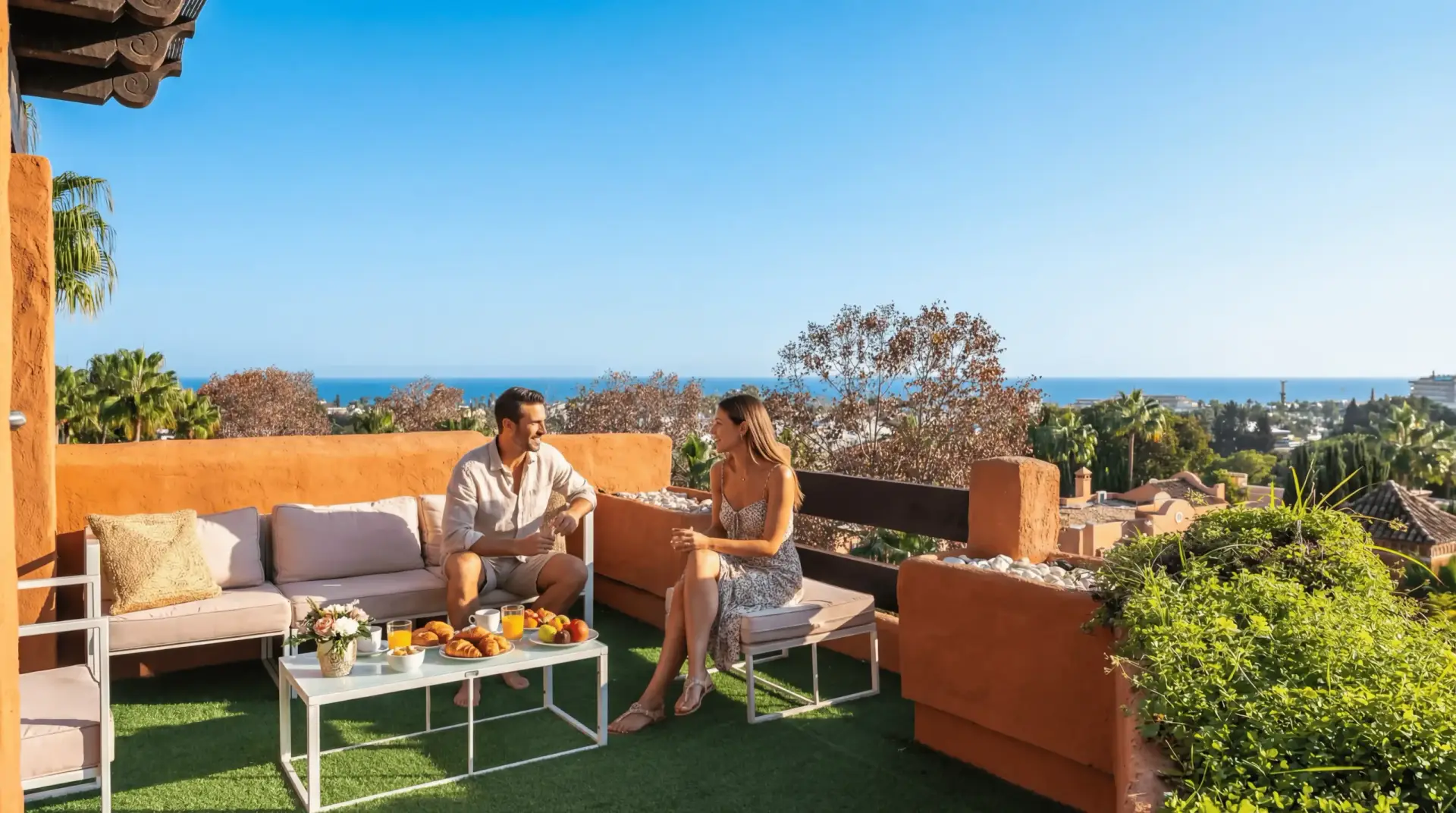 Luxury duplex penthouse in Nueva Andalucía Marbella with panoramic sea views, giant rooftop terrace, BBQ area, outdoor dining, and walking distance to Puerto Banús beach and marina.