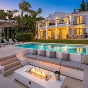 Luxury villa in Nueva Andalucía Marbella with heated private pool, panoramic golf valley views, modern Mediterranean architecture, outdoor lounge and luxury holiday rental near Puerto Banús Costa del Sol
