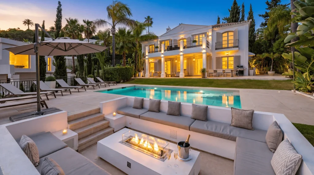 Luxury villa in Nueva Andalucía Marbella with heated private pool, panoramic golf valley views, modern Mediterranean architecture, outdoor lounge and luxury holiday rental near Puerto Banús Costa del Sol