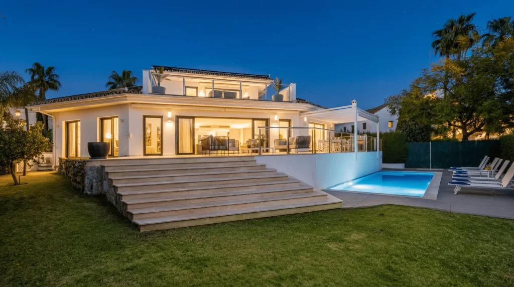 Luxury villa rental in Marbella Nueva Andalucía with heated private pool, panoramic sea views, golf valley location, modern Mediterranean architecture, luxury holiday home near Puerto Banús