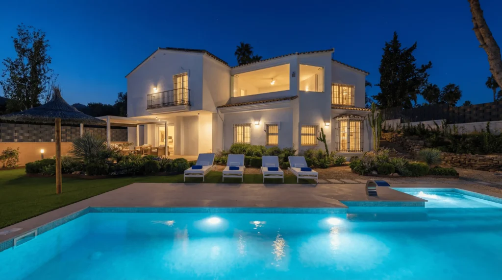 Luxury villa rental in Marbella with heated private swimming pool, Mediterranean garden, golf course access, outdoor BBQ area and luxury Costa del Sol holiday accommodation