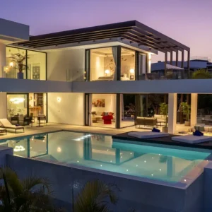 Luxury villa rental in Estepona with heated infinity pool, home cinema room, sea views, private gym, Mediterranean garden and exclusive Costa del Sol holiday accommodation