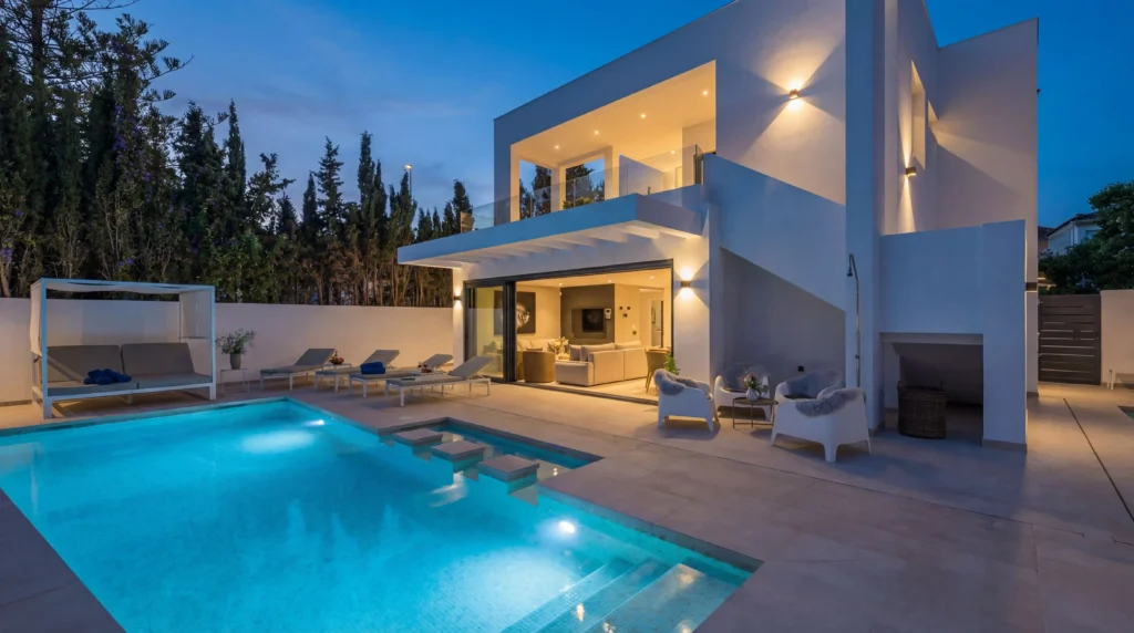 Luxury villa rental in Marbella Costa del Sol with private swimming pool, modern Mediterranean design, outdoor BBQ area, sun terrace, luxury holiday accommodation near Puerto Banús and Marbella beaches