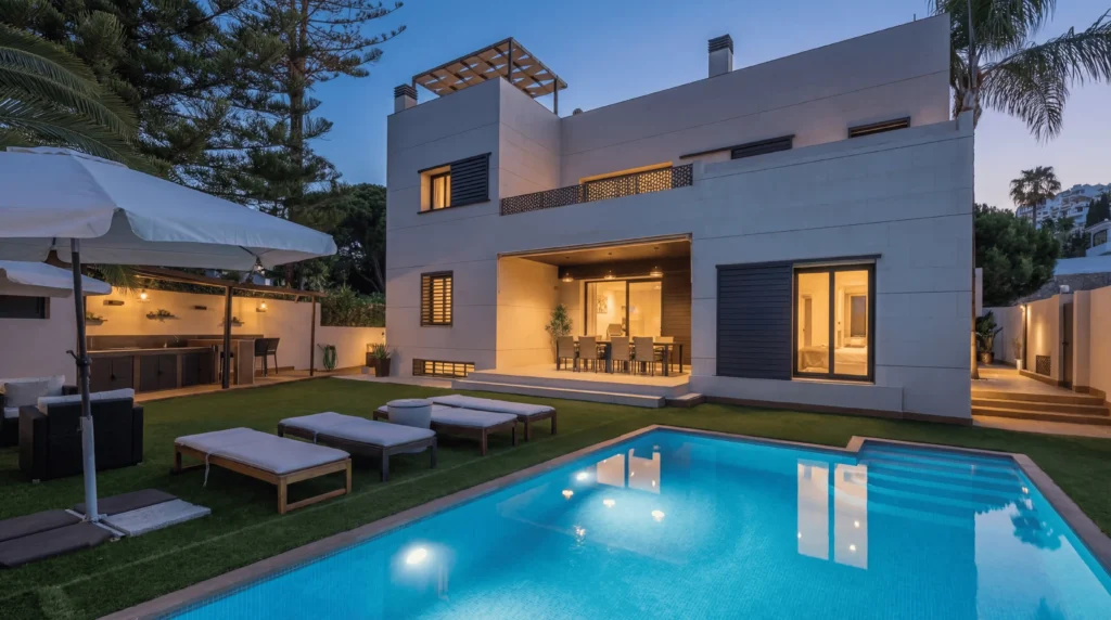 Luxury villa rental in Mijas Costa del Sol with private swimming pool, sauna, panoramic sea views, outdoor BBQ area, Mediterranean garden and luxury holiday accommodation near Marbella and Puerto Banús