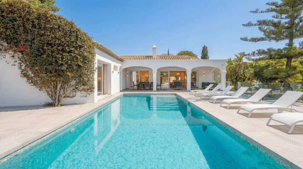Ultra luxury villa in Estepona Costa del Sol with private crystalline pool, sauna, Turkish bath, gym, outdoor BBQ kitchen and modern Mediterranean holiday rental near Puerto Banús Marbella
